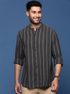 men's mandarin collar striped charcoal slim fit shirt 2