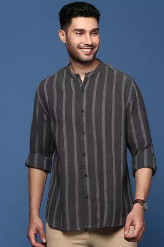 men's mandarin collar striped charcoal slim fit shirt