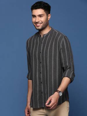 men's mandarin collar striped charcoal slim fit shirt 3