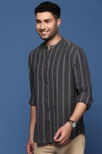 men's mandarin collar striped charcoal slim fit shirt