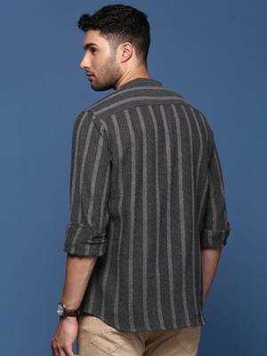 men's mandarin collar striped charcoal slim fit shirt 4