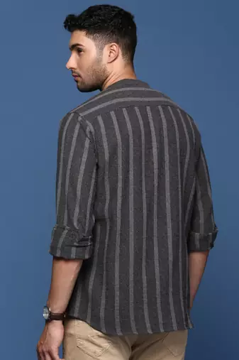 men's mandarin collar striped charcoal slim fit shirt