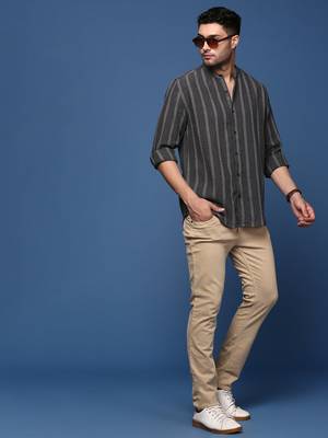men's mandarin collar striped charcoal slim fit shirt 5