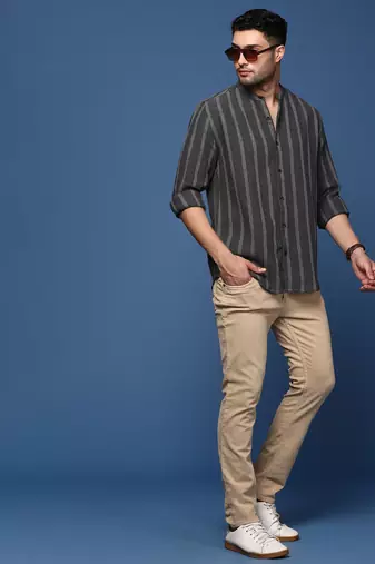 men's mandarin collar striped charcoal slim fit shirt