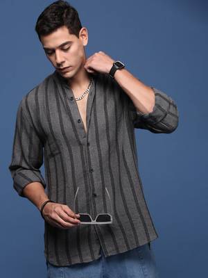 men's mandarin collar striped charcoal slim fit shirt 1