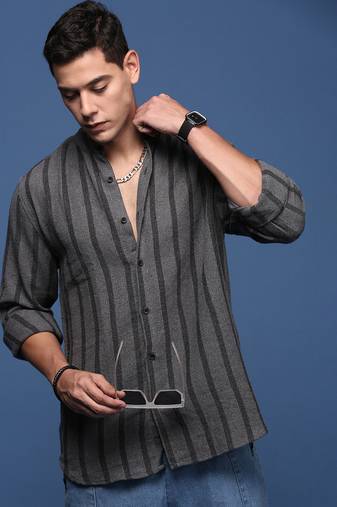men's mandarin collar striped charcoal slim fit shirt