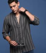 men's mandarin collar striped charcoal slim fit shirt