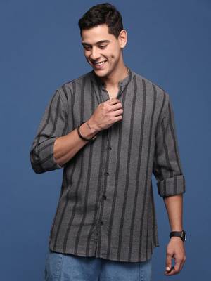 men's mandarin collar striped charcoal slim fit shirt 2