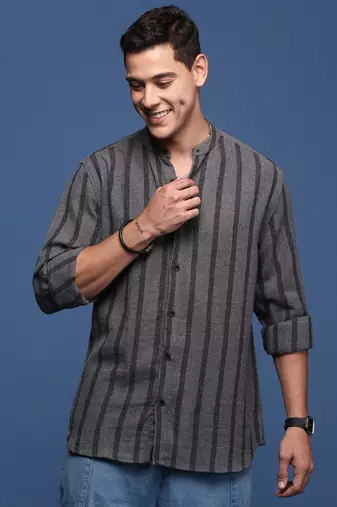 men's mandarin collar striped charcoal slim fit shirt
