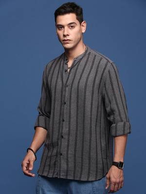men's mandarin collar striped charcoal slim fit shirt 3