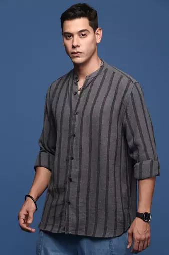 men's mandarin collar striped charcoal slim fit shirt