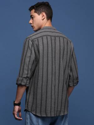 men's mandarin collar striped charcoal slim fit shirt 4