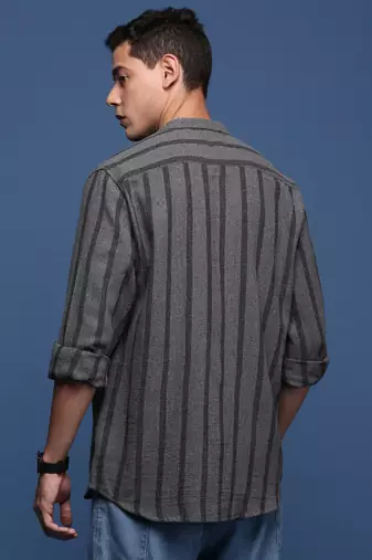 men's mandarin collar striped charcoal slim fit shirt