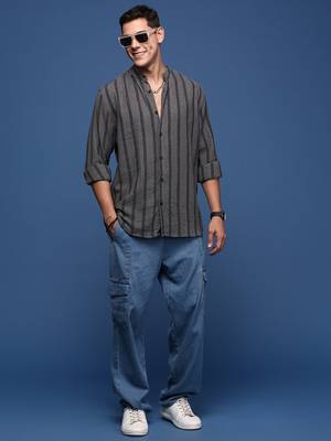 men's mandarin collar striped charcoal slim fit shirt 5