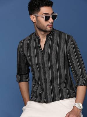 men's mandarin collar striped black slim fit shirt 1
