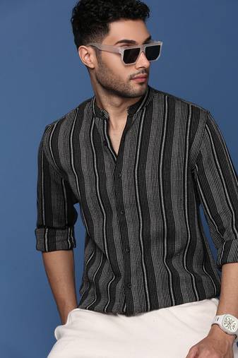 men's mandarin collar striped black slim fit shirt