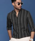 men's mandarin collar striped black slim fit shirt