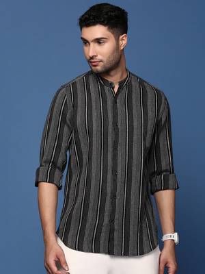 men's mandarin collar striped black slim fit shirt 2