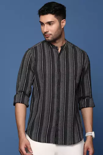 men's mandarin collar striped black slim fit shirt