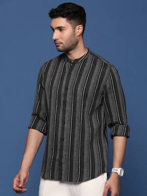 men's mandarin collar striped black slim fit shirt 3