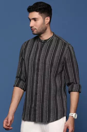 men's mandarin collar striped black slim fit shirt