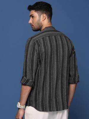 men's mandarin collar striped black slim fit shirt 4