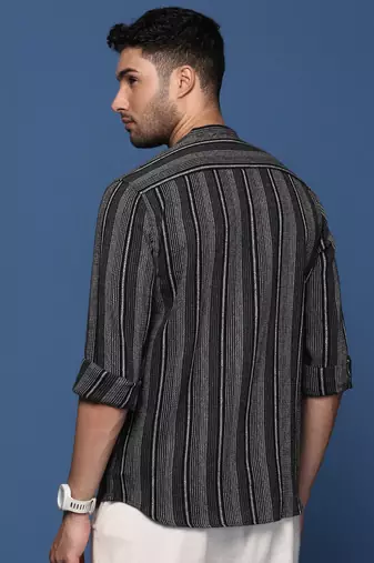 men's mandarin collar striped black slim fit shirt