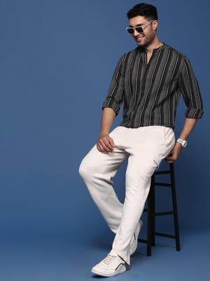 men's mandarin collar striped black slim fit shirt 5