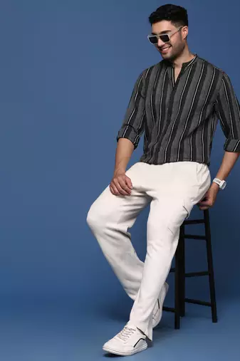 men's mandarin collar striped black slim fit shirt