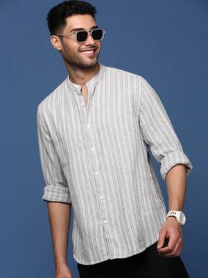 Showoff men's mandarin collar striped grey slim fit shirt 1