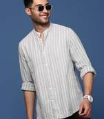 Showoff men's mandarin collar striped grey slim fit shirt
