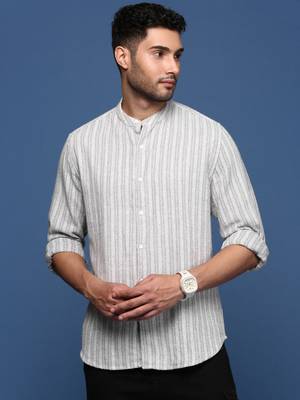 Showoff men's mandarin collar striped grey slim fit shirt 2