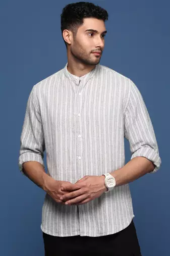 Showoff men's mandarin collar striped grey slim fit shirt