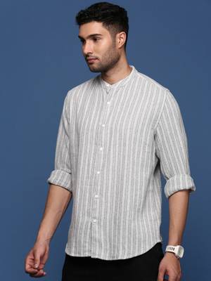Showoff men's mandarin collar striped grey slim fit shirt 3