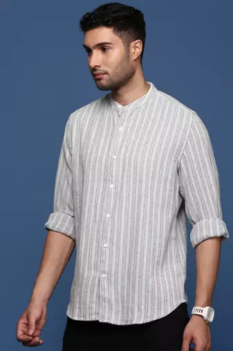 Showoff men's mandarin collar striped grey slim fit shirt