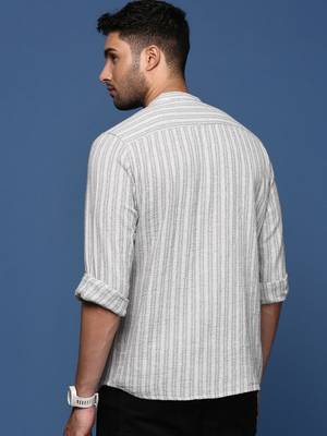 Showoff men's mandarin collar striped grey slim fit shirt 4