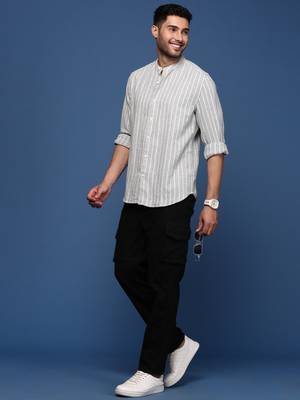 Showoff men's mandarin collar striped grey slim fit shirt 5