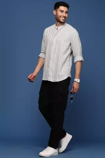 Showoff men's mandarin collar striped grey slim fit shirt
