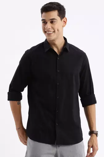 men's long sleeves solid slim fit black shirt