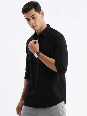 men's long sleeves solid slim fit black shirt 3