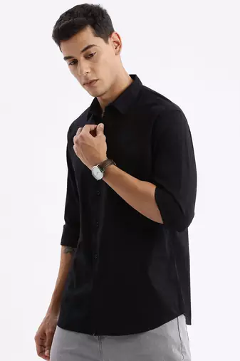 men's long sleeves solid slim fit black shirt