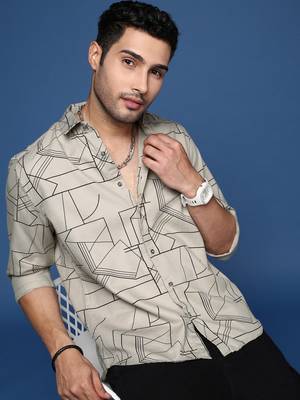 Showoff men's geometric slim fit grey shirt 1