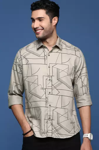 Showoff men's geometric slim fit grey shirt