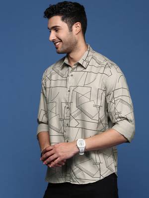 Showoff men's geometric slim fit grey shirt 3