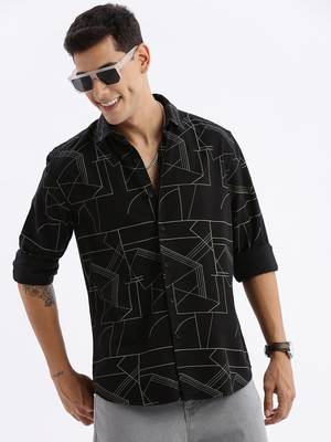 men's long sleeves geometric slim fit black shirt 1