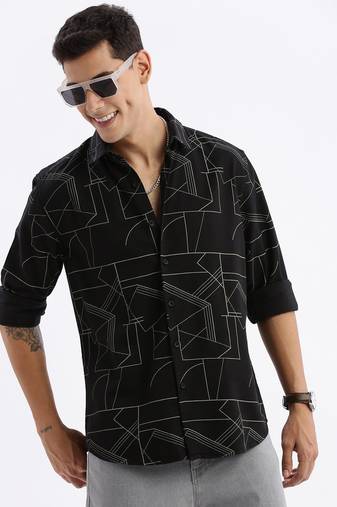 men's long sleeves geometric slim fit black shirt
