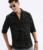 men's long sleeves geometric slim fit black shirt