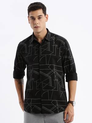 men's long sleeves geometric slim fit black shirt 2