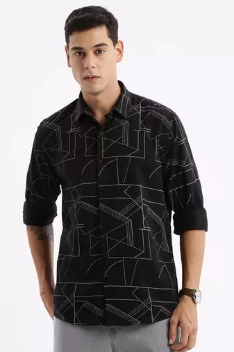 men's long sleeves geometric slim fit black shirt