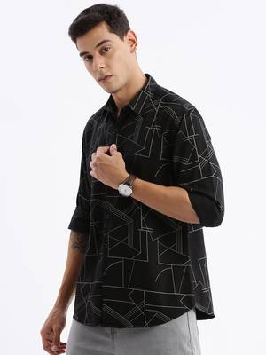 men's long sleeves geometric slim fit black shirt 3